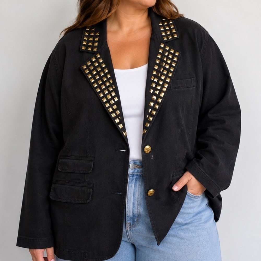 DG2 Diane Gilman NWT Blazer Women's 2X Black Gold Studded Denim Statement Jacket